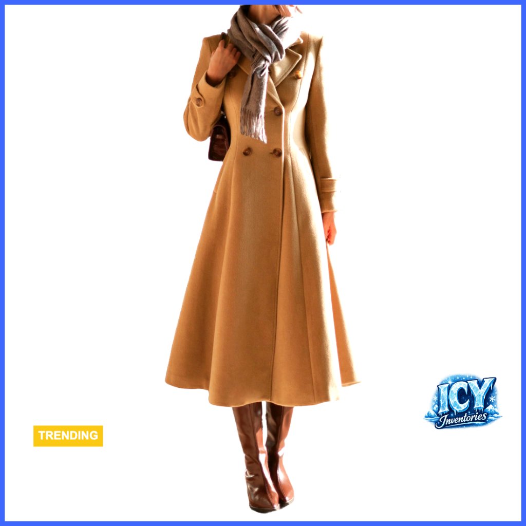 Wool Blend Pea Coat Double Breasted Trench Coat Long Below Knee